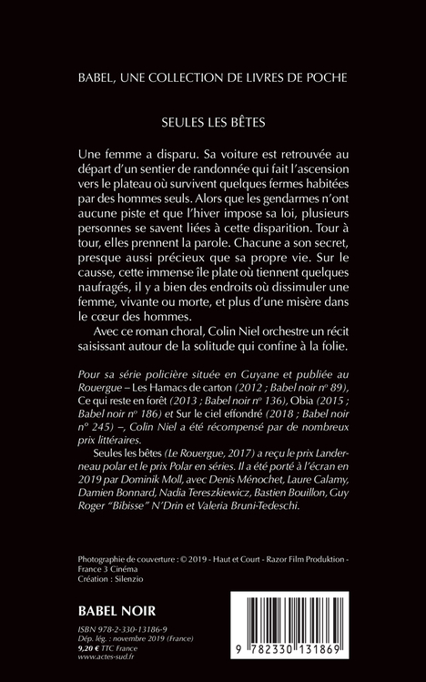 Seules les bêtes (Babel noir - affiche du film) - Colin Niel, Colin Niel - ACTES SUD