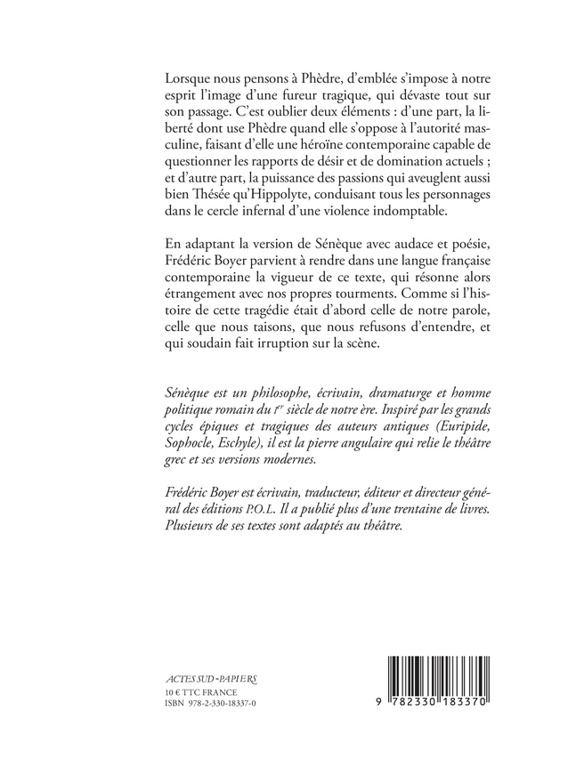 Phèdre -  SENEQUE, Fréderic Boyer - ACTES SUD