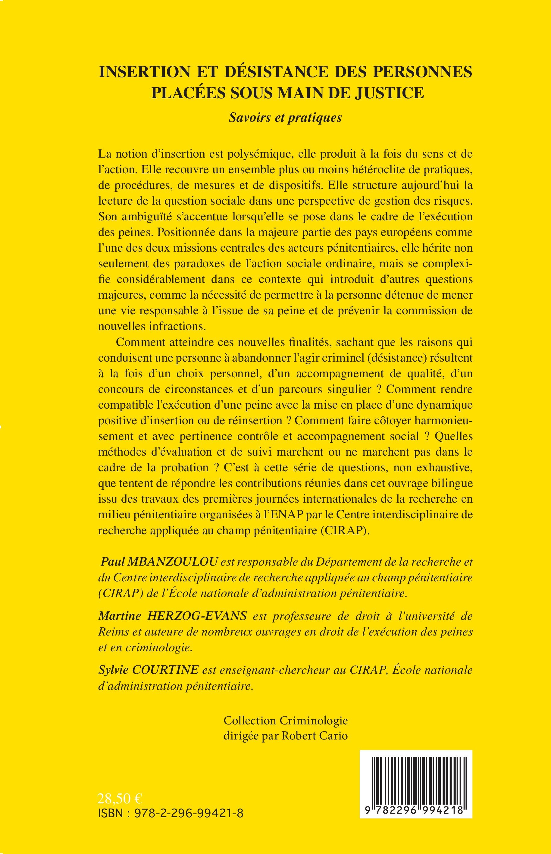 Insertion et désistance des personnes placées sous main de justice - Paul Mbanzoulou, Sylvie Courtine, Martine Herzog-Evans,  Herzog-evans martine - L'HARMATTAN