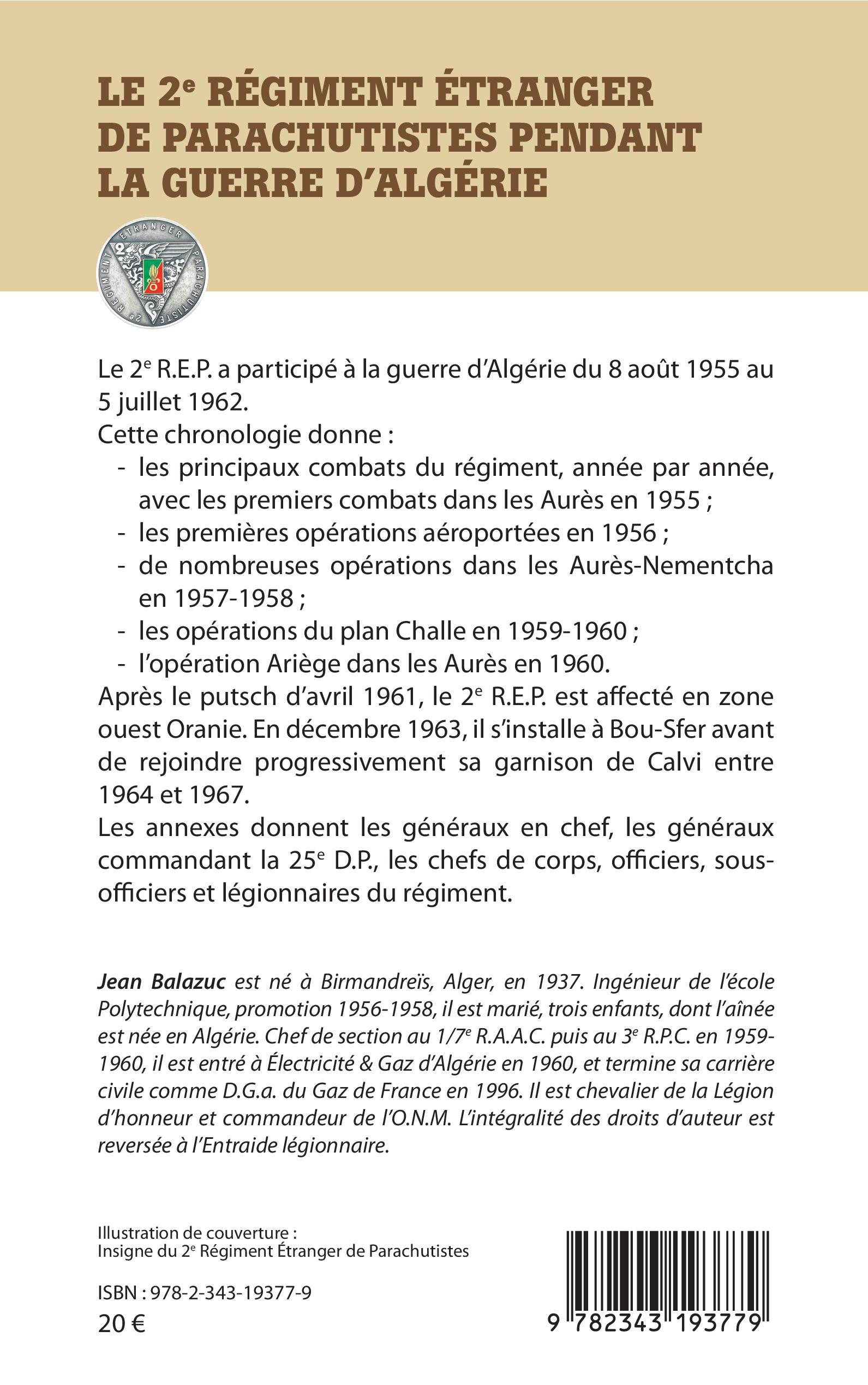 Le 2e Régiment Etranger de Parachutistes pendant la guerre d'Algérie - Jean Balazuc - L'HARMATTAN